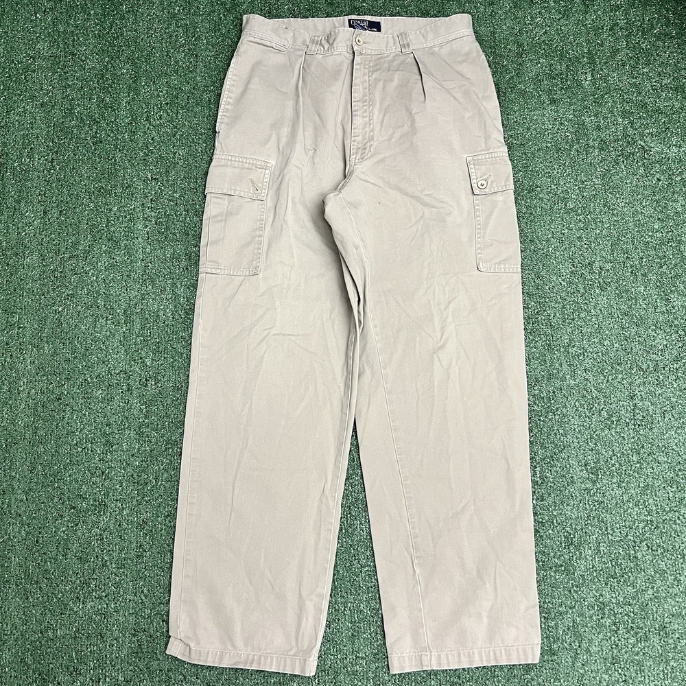 Vintage Polo Ralph Lauren Tarpoon Pant 34x32 Beige Pleated Cargo Y2K 90s Utility